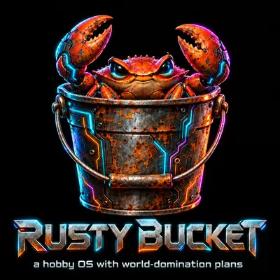 Rusty Bucket: Rusty the crab in a neon-lit rusty bucket. A hobby OS with world-domination plans.